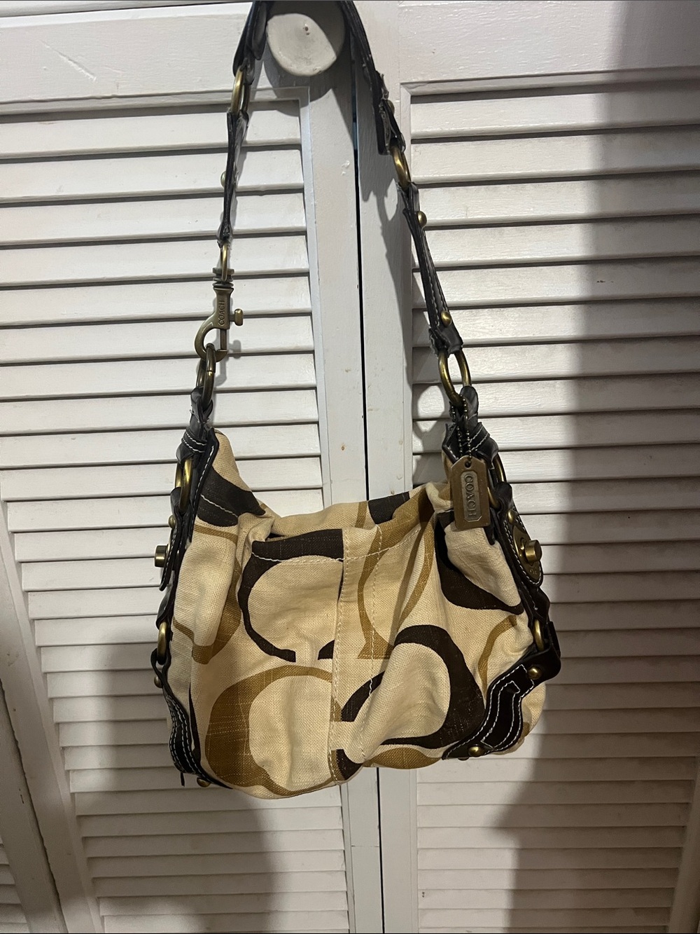 Coach Beige & Brown Signature Canvas Shoulder Bag with Leather Trim